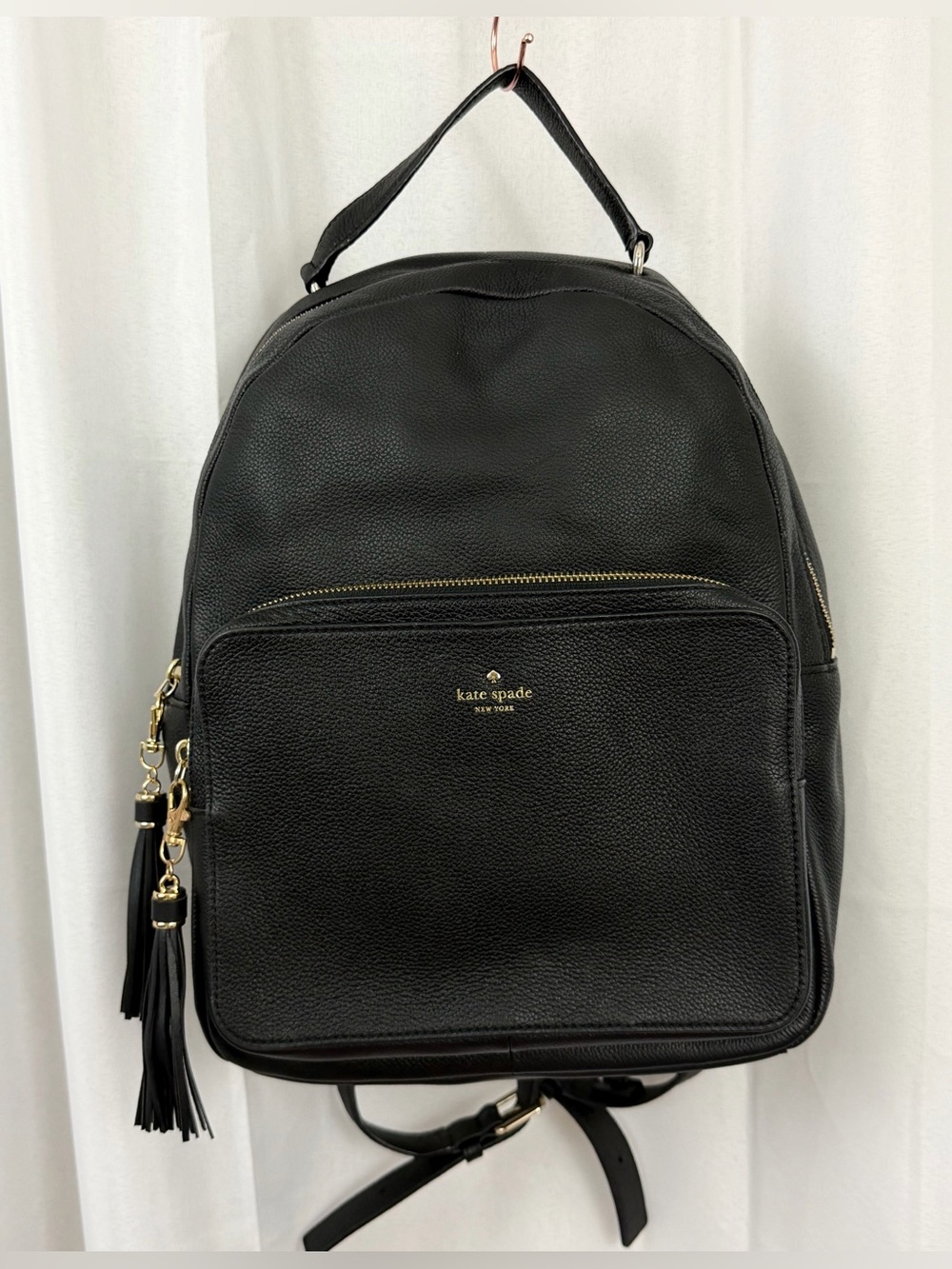 kate spade Black Medium Pebbled Leather Backpack with Gold Hardware/Tassels